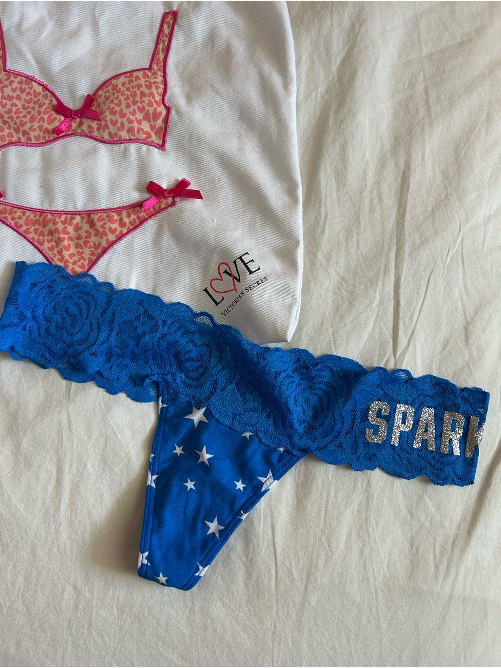 PINK Victoria's Secret Blue Star Lace-Trim Thong with 'SPARK' Glitter